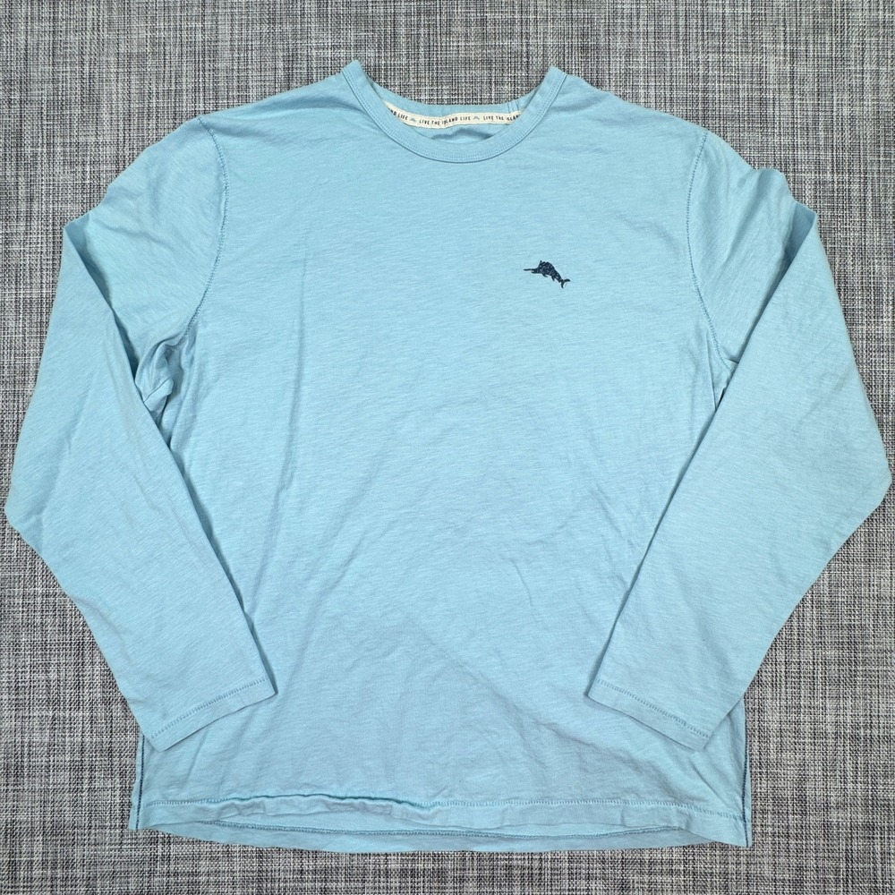 Tommy Bahama Mens Large Shirt Blue Cotton Long Sleeve Embroidered Tropical Palm